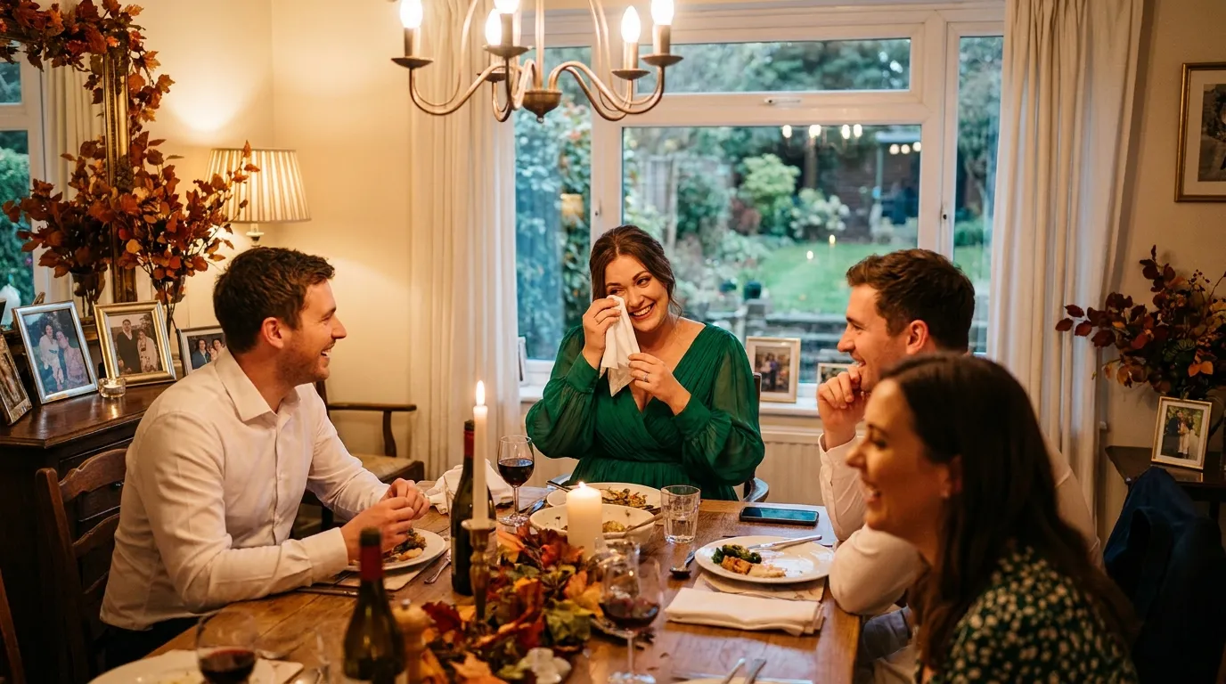 A radiant 50-year-old woman in an emerald green dress sits surrounded by her three smiling adult children, exuding strength and love.