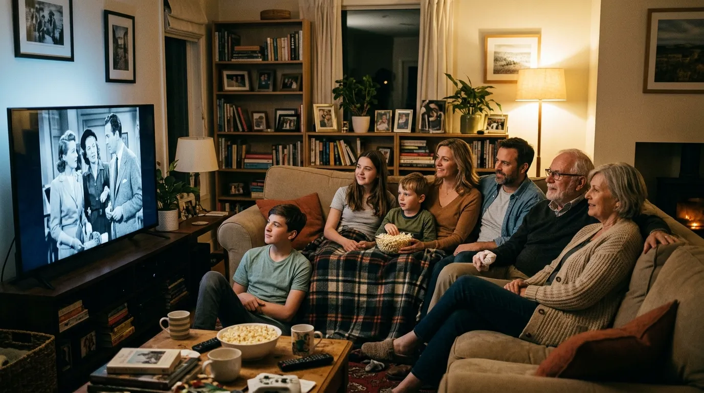 Multi-generational family watching a classic black and white movie
