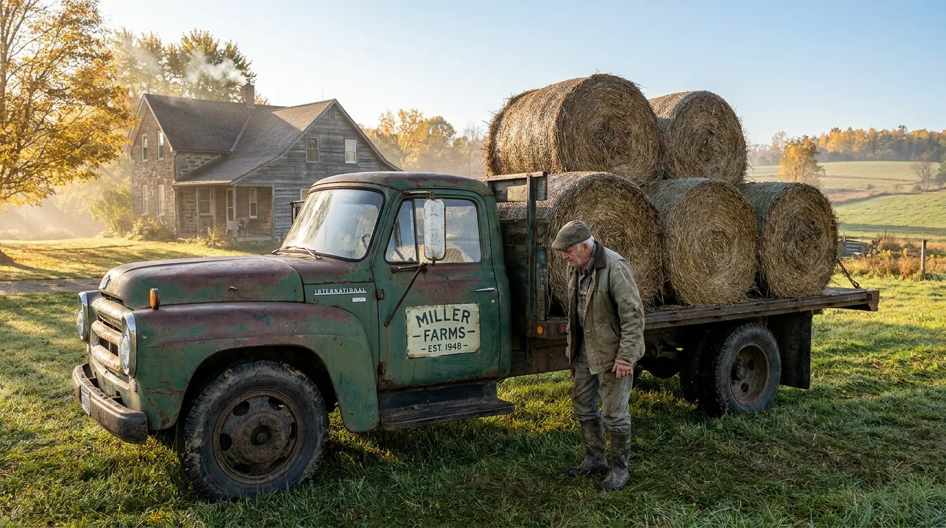Elderly farmer standing by a green flatbed truck loaded with round hay bales