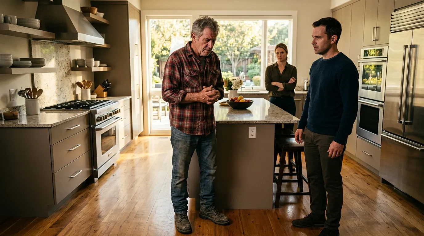 Weathered father standing nervously in a modern kitchen while a woman scowls in the background