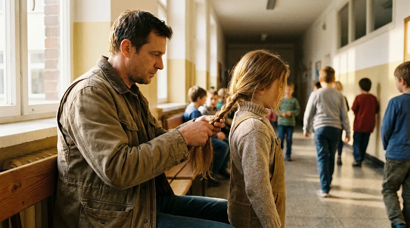 Father carefully braiding his young daughter's knee-length hair in a school corridor