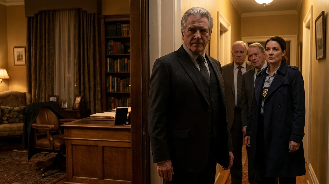 Emma's father standing calmly in the doorway of the study with board members and a detective behind him