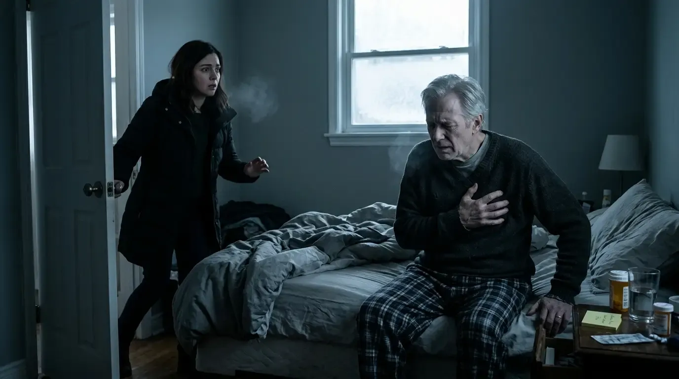 A young woman discovering her elderly father clutching his chest on a bed with a yellow sticky note nearby