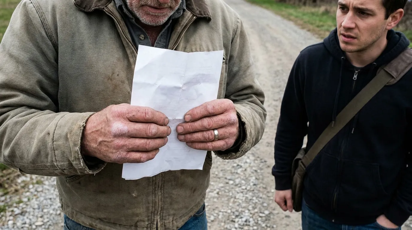 An older man clutching a folded piece of paper, standing next to a younger man.