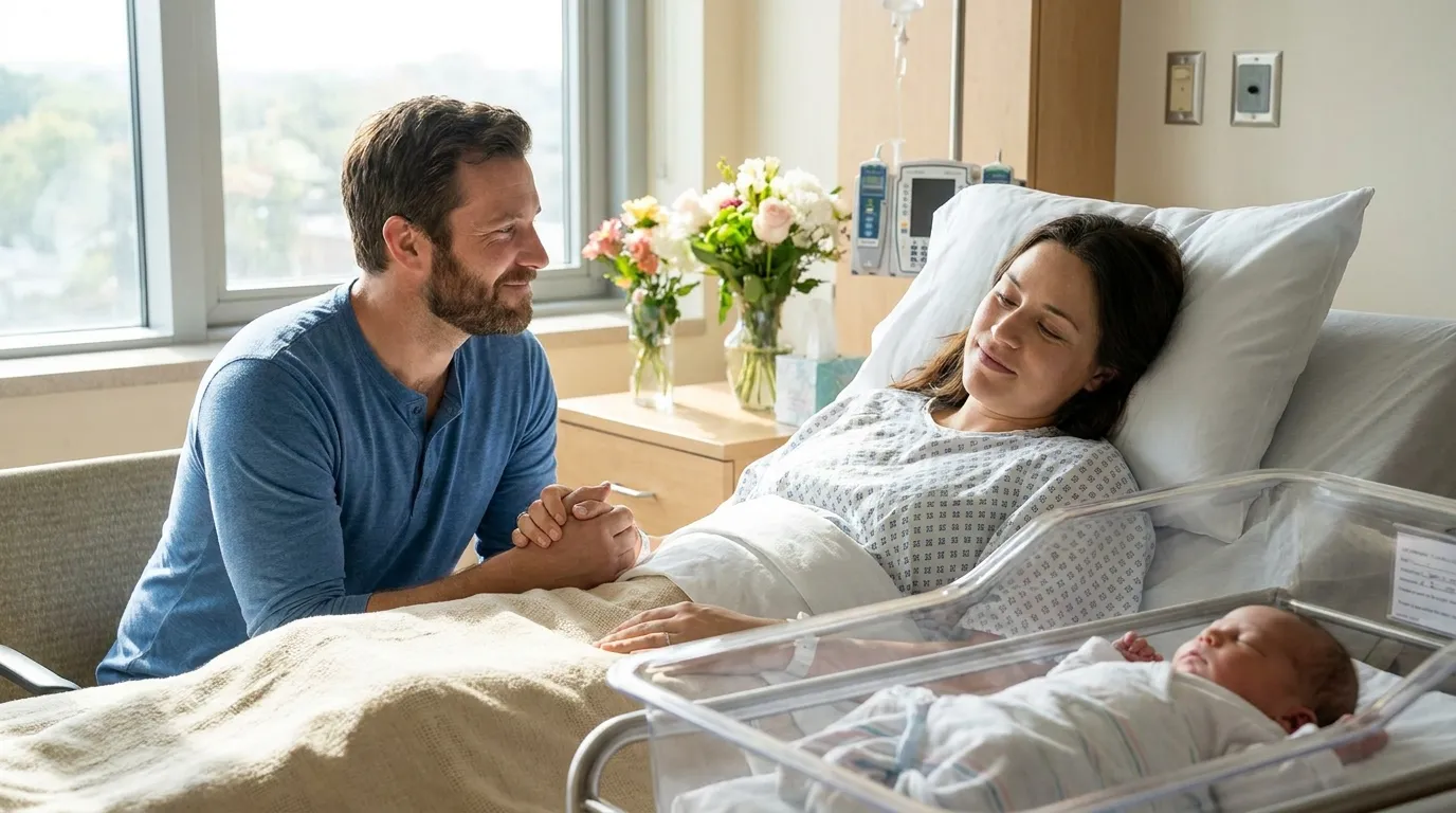 A father sitting by his wife's hospital bed, holding her hand with a relieved smile