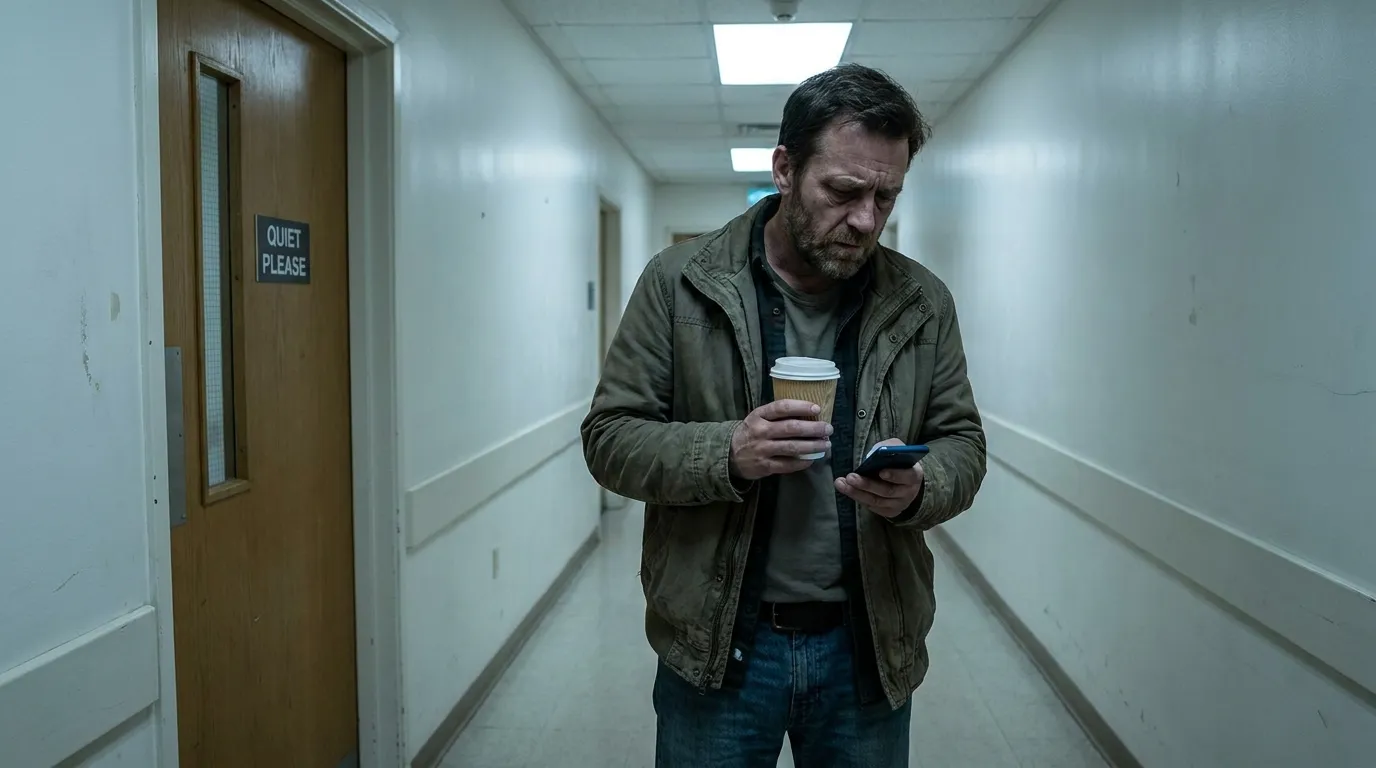 A stressed father standing in a hospital hallway holding coffee, looking at his phone