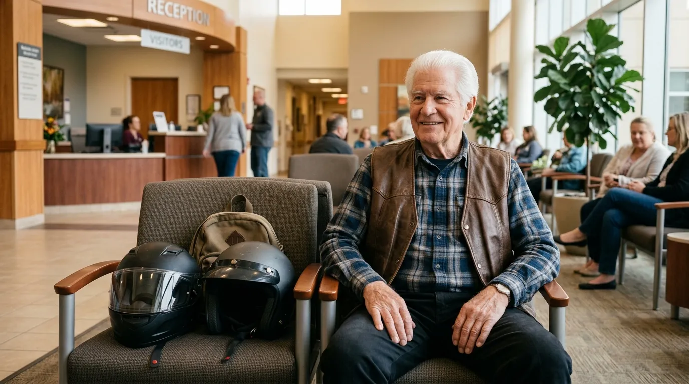 Elderly man sitting peacefully in a hospital lobby with two motorcycle helmets