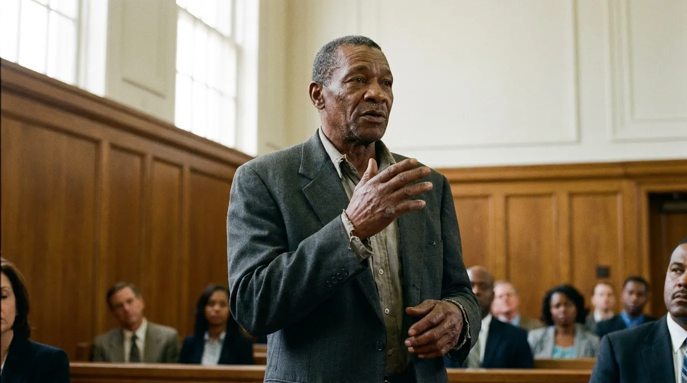A 68-year-old man in a gray suit standing up in a courtroom to address the judge