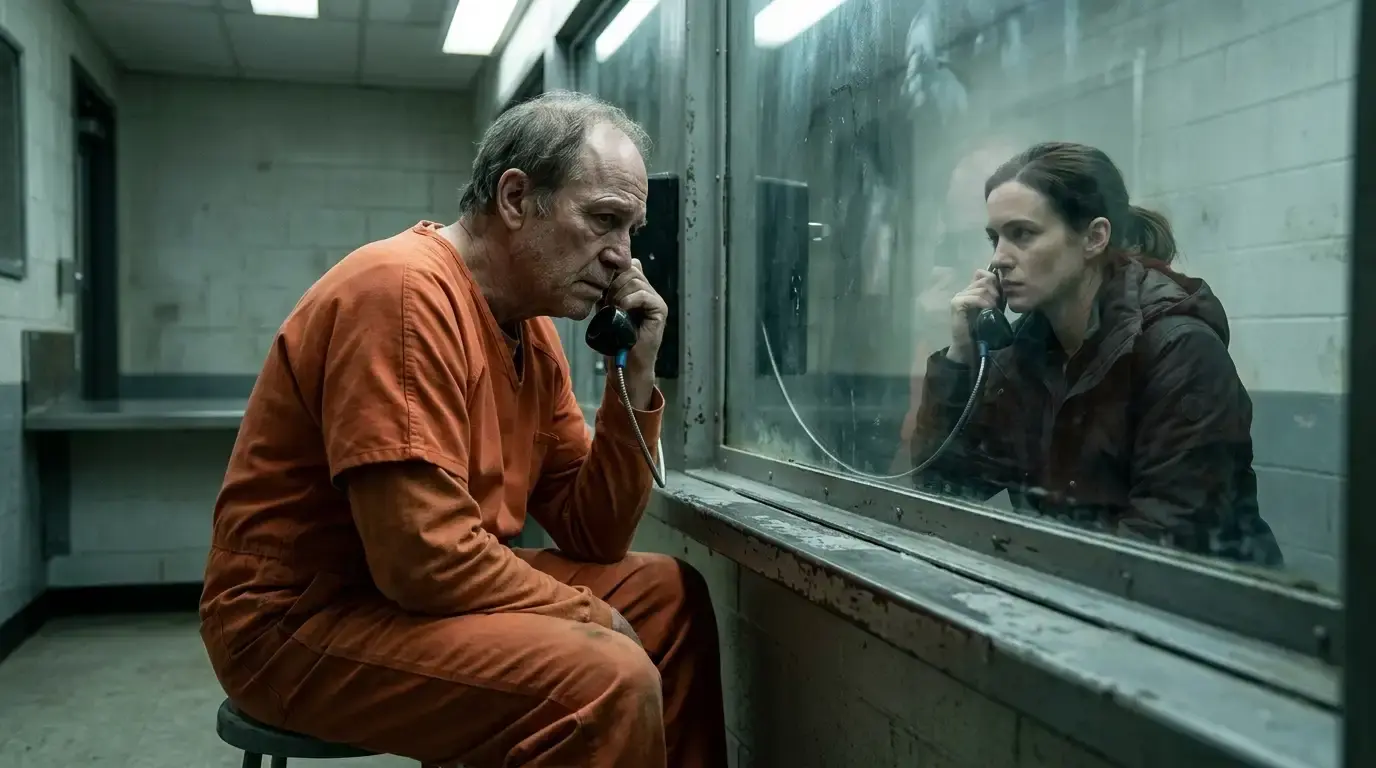 An older man in a prison uniform looking devastated through visitation glass