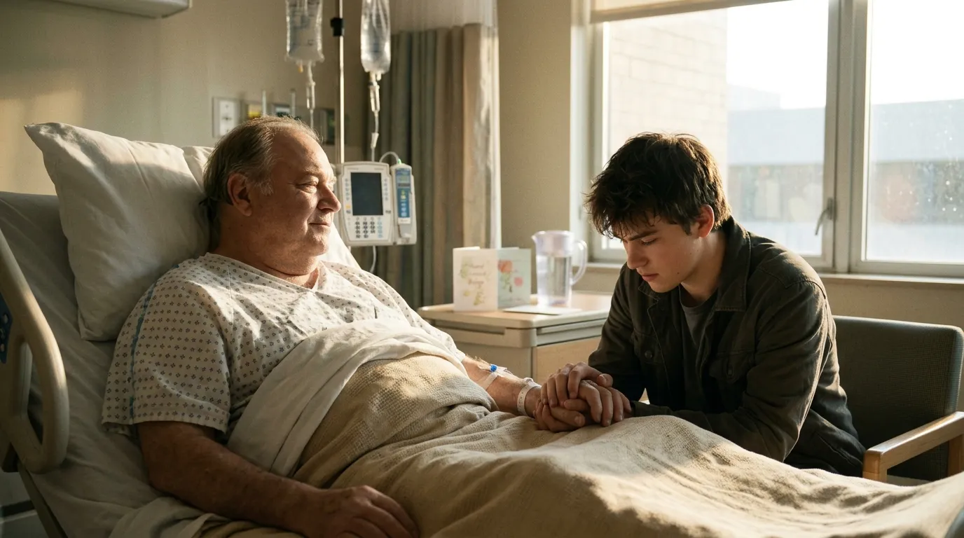An 18-year-old boy holding his frail father's hand in a bright hospital room
