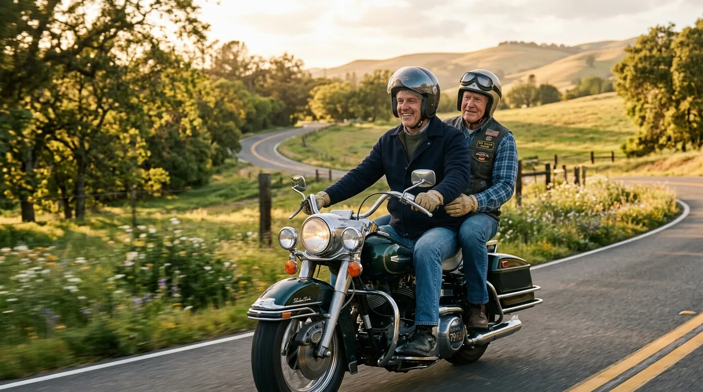 Father and son riding a classic motorcycle down a country road
