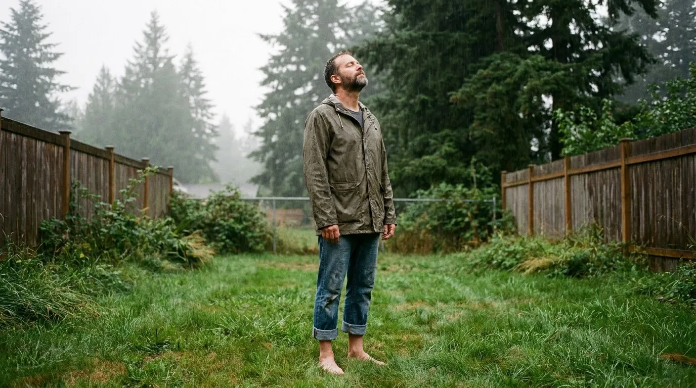 Man standing barefoot in the rain with his eyes closed