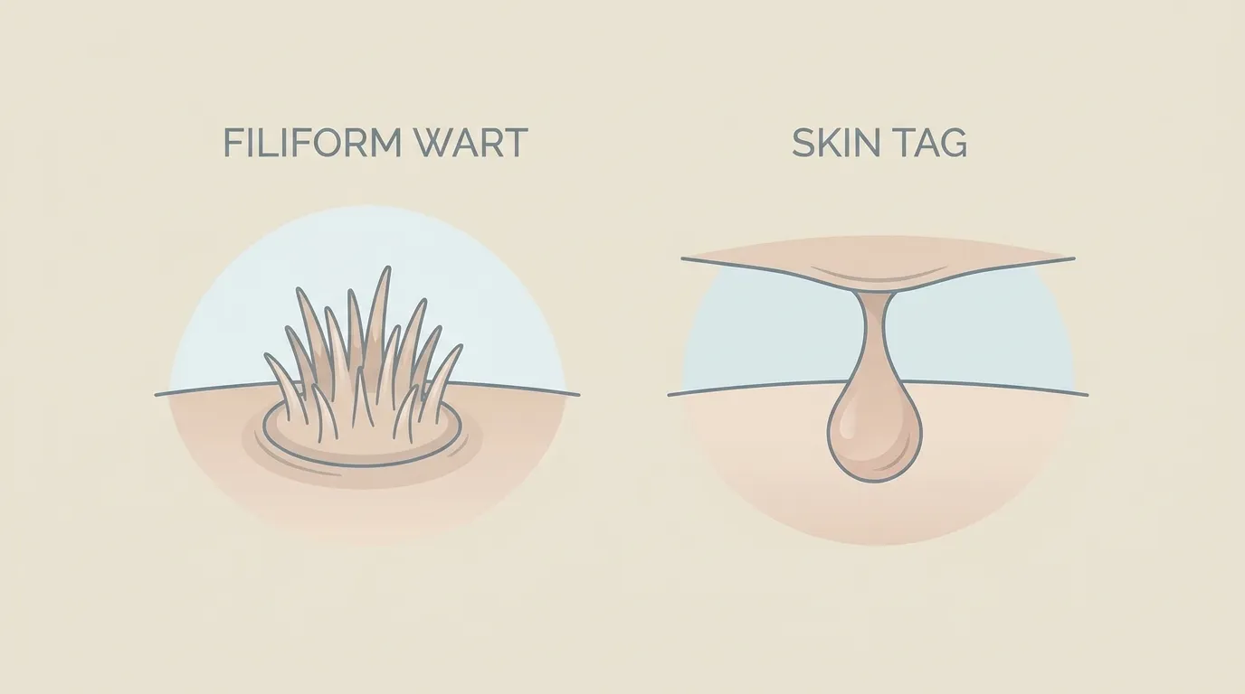 Comparison illustration of a spiky filiform wart versus a soft teardrop-shaped skin tag