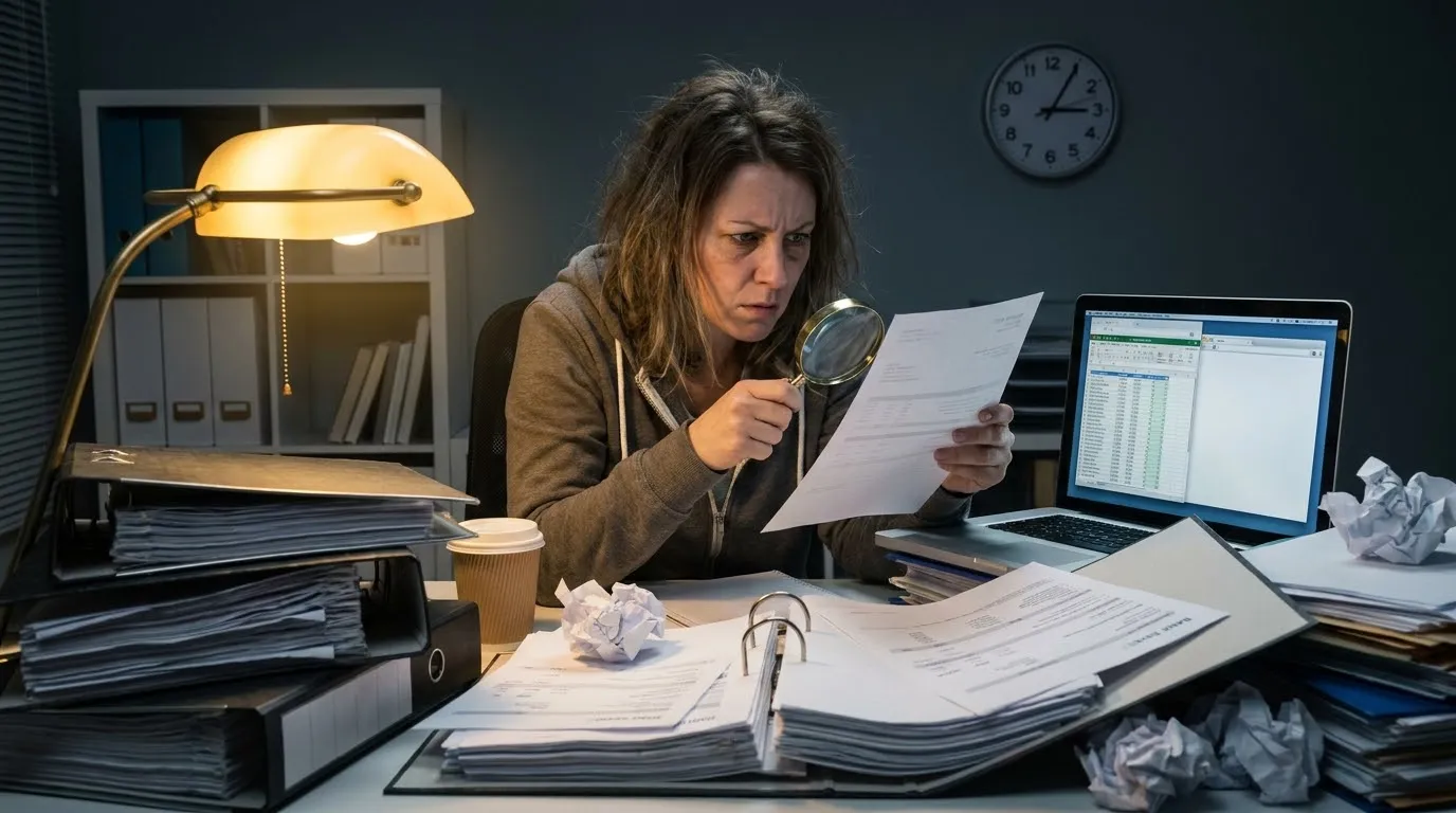 Woman sitting late at night surrounded by scattered financial bank statements