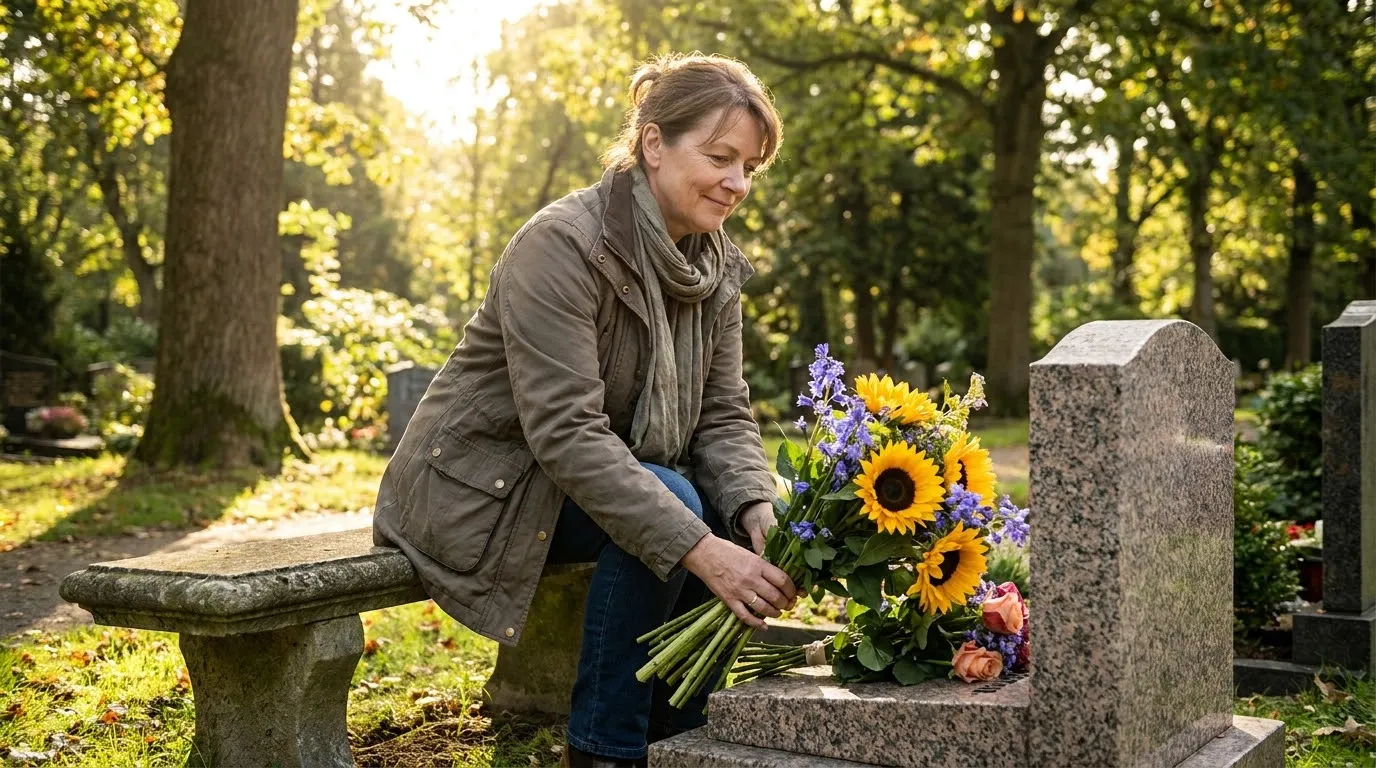 A mature woman sits peacefully on a cemetery bench in the sunlight, placing flowers on a grave.