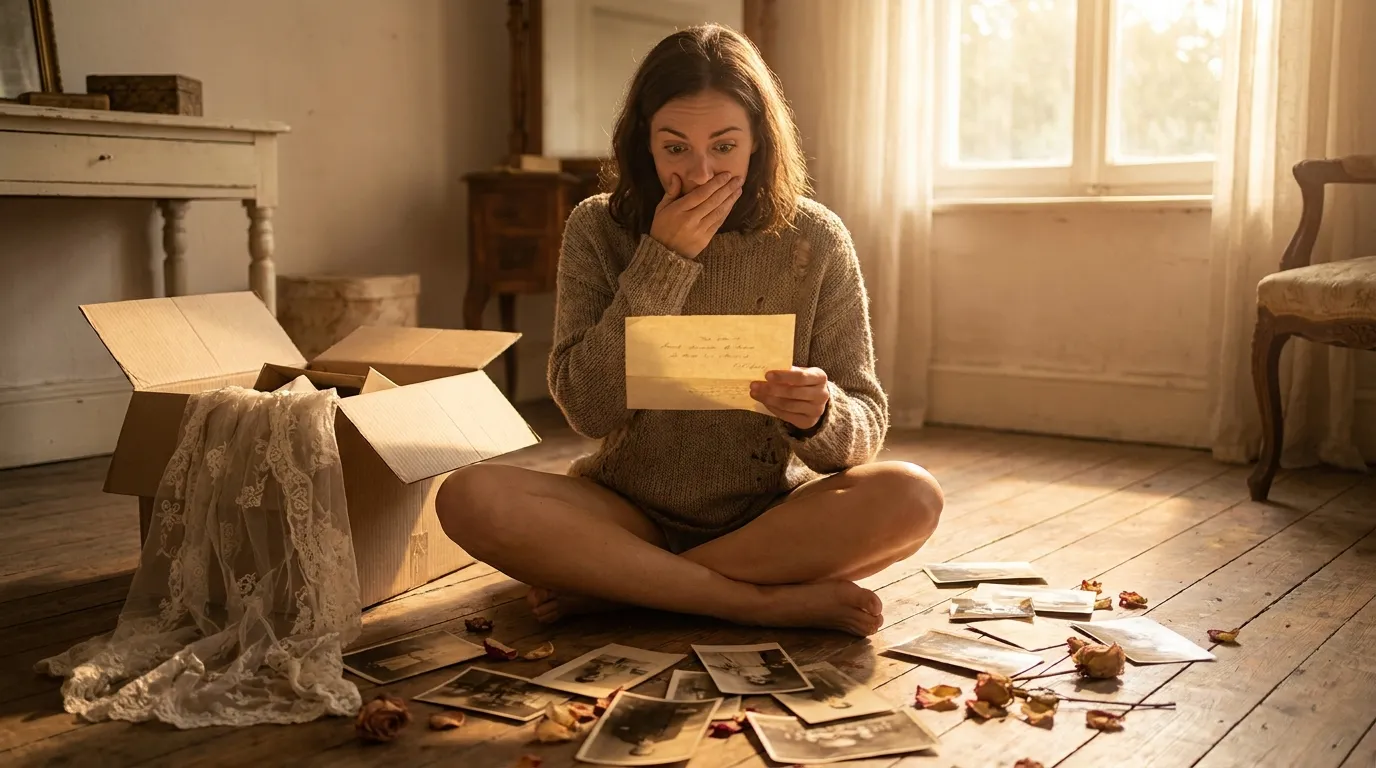 A woman sitting on the floor holding an old handwritten envelope