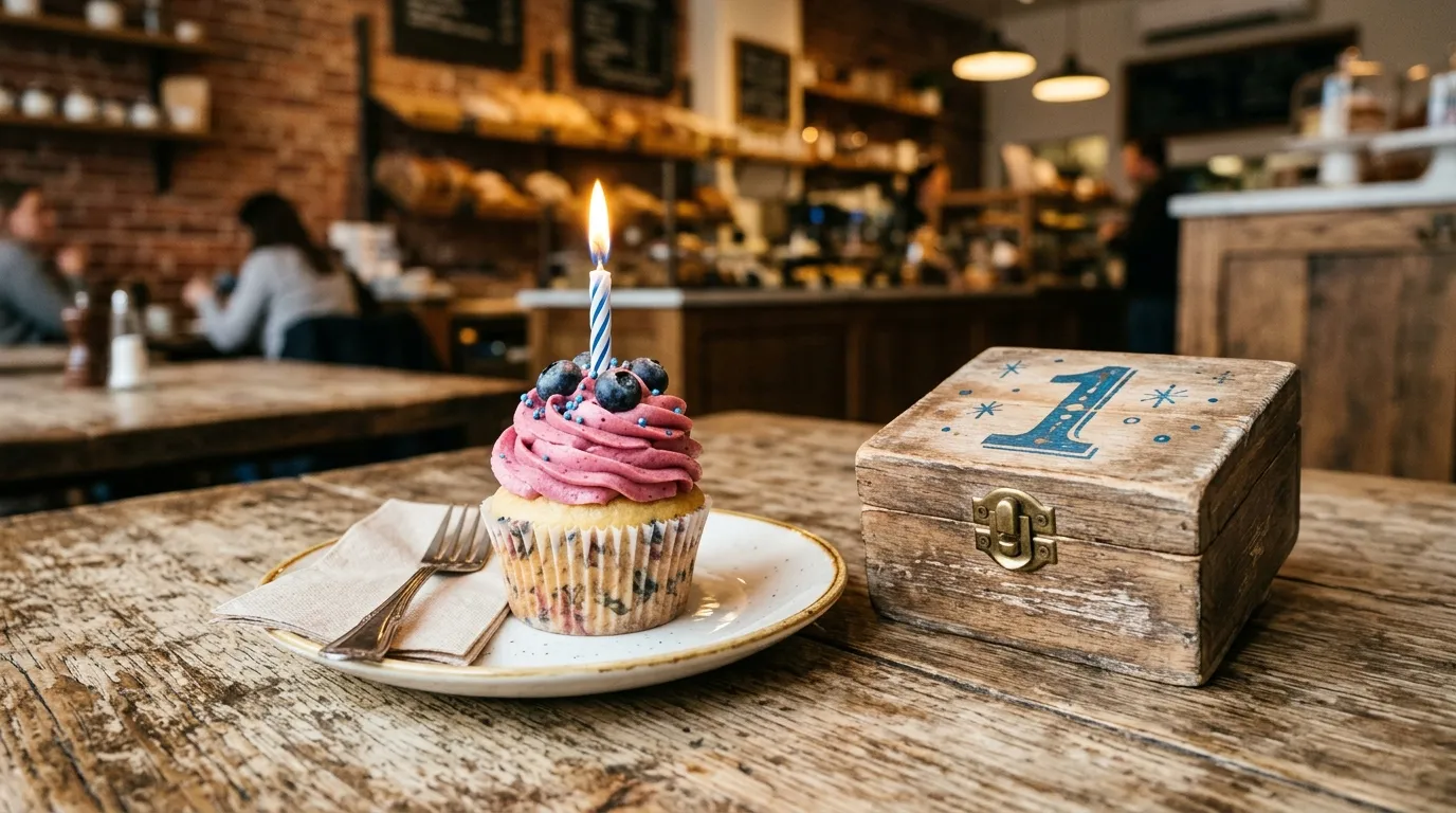 A single birthday cupcake with a lit candle next to a wooden keepsake box marked with the number 1