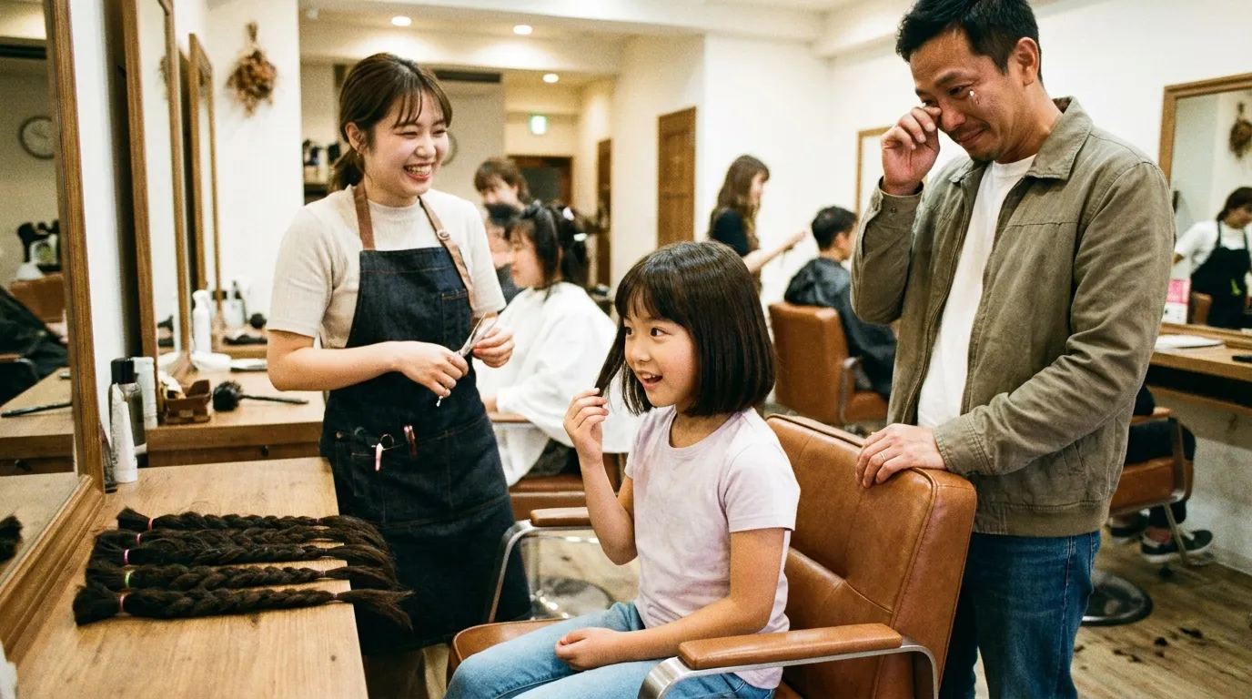 Young girl smiling in a salon chair after getting her long braids cut for cancer donation