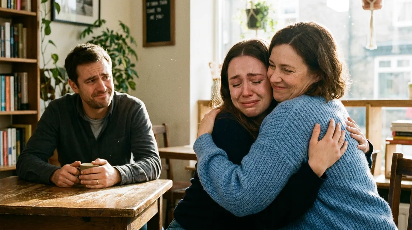 Two women hugging warmly in a bright cafe while a man watches with a complex expression.