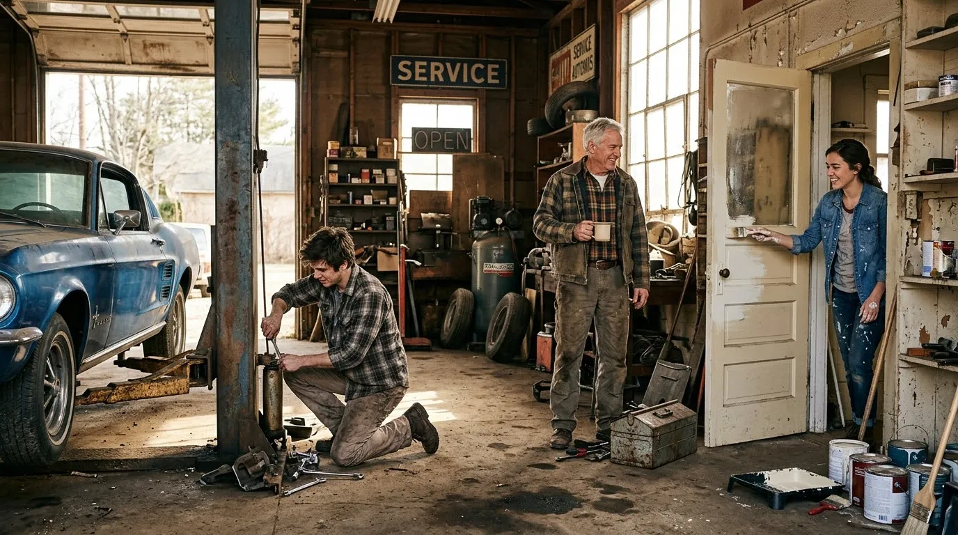 Young couple and older man working together to restore an old dusty auto repair shop