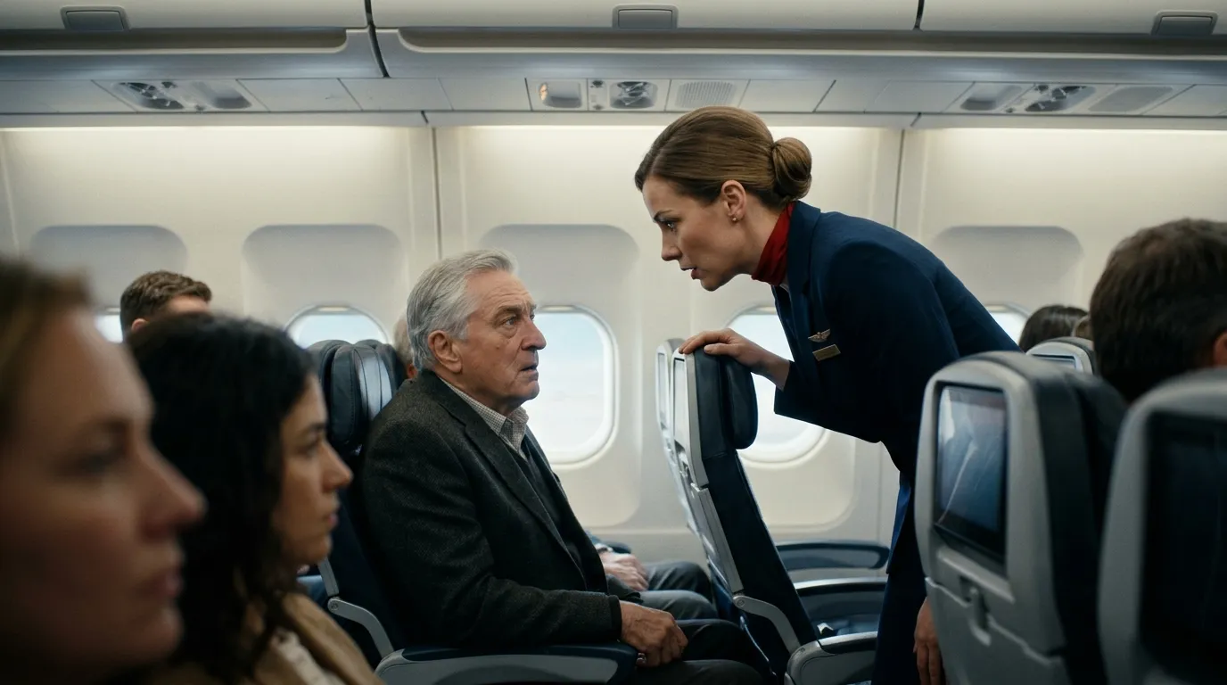 A flight attendant whispering urgently to an elderly man on an airplane