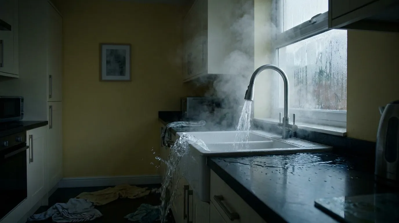 A modern kitchen with a sink faucet wide open, pouring hot water