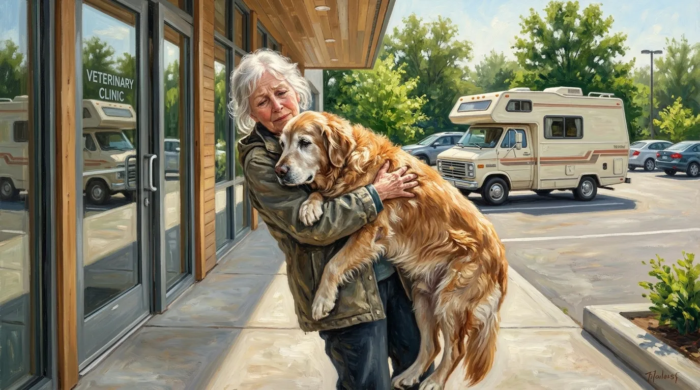 Eighty-year-old Florence carrying her elderly golden retriever out of a veterinary clinic toward her RV