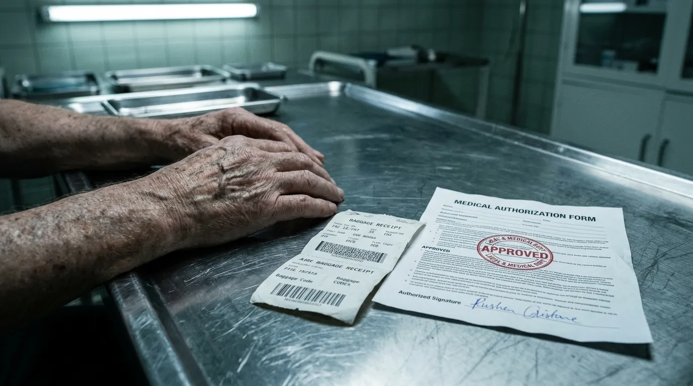 Elderly man's hands on a metal table next to a forged medical document