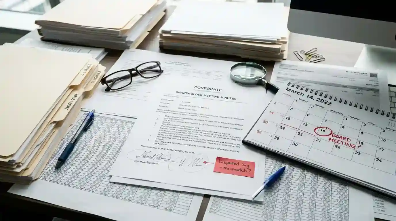 Forensic accounting documents showing a forged shareholder meeting dated while Rebecca was incarcerated