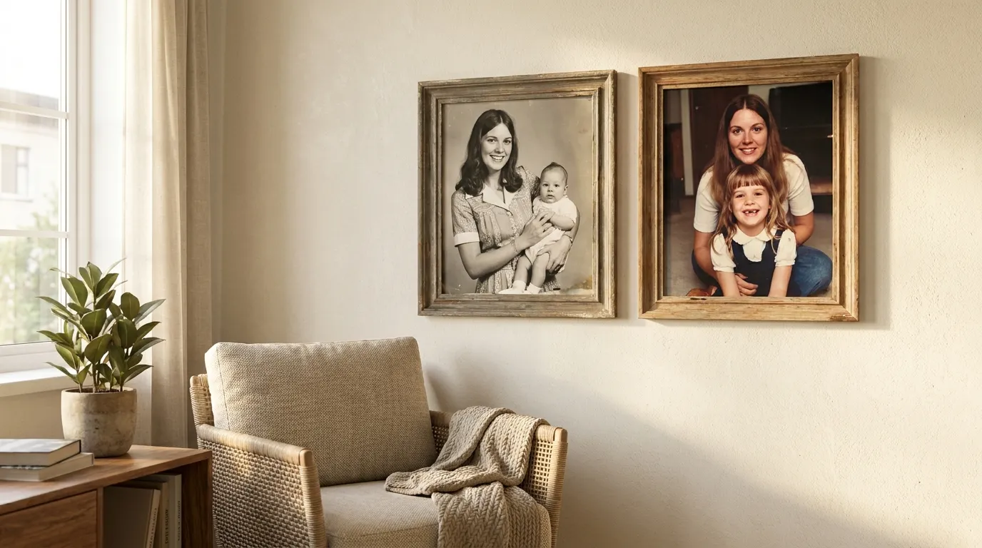 Two framed vintage family photographs hanging side by side on a modern wall