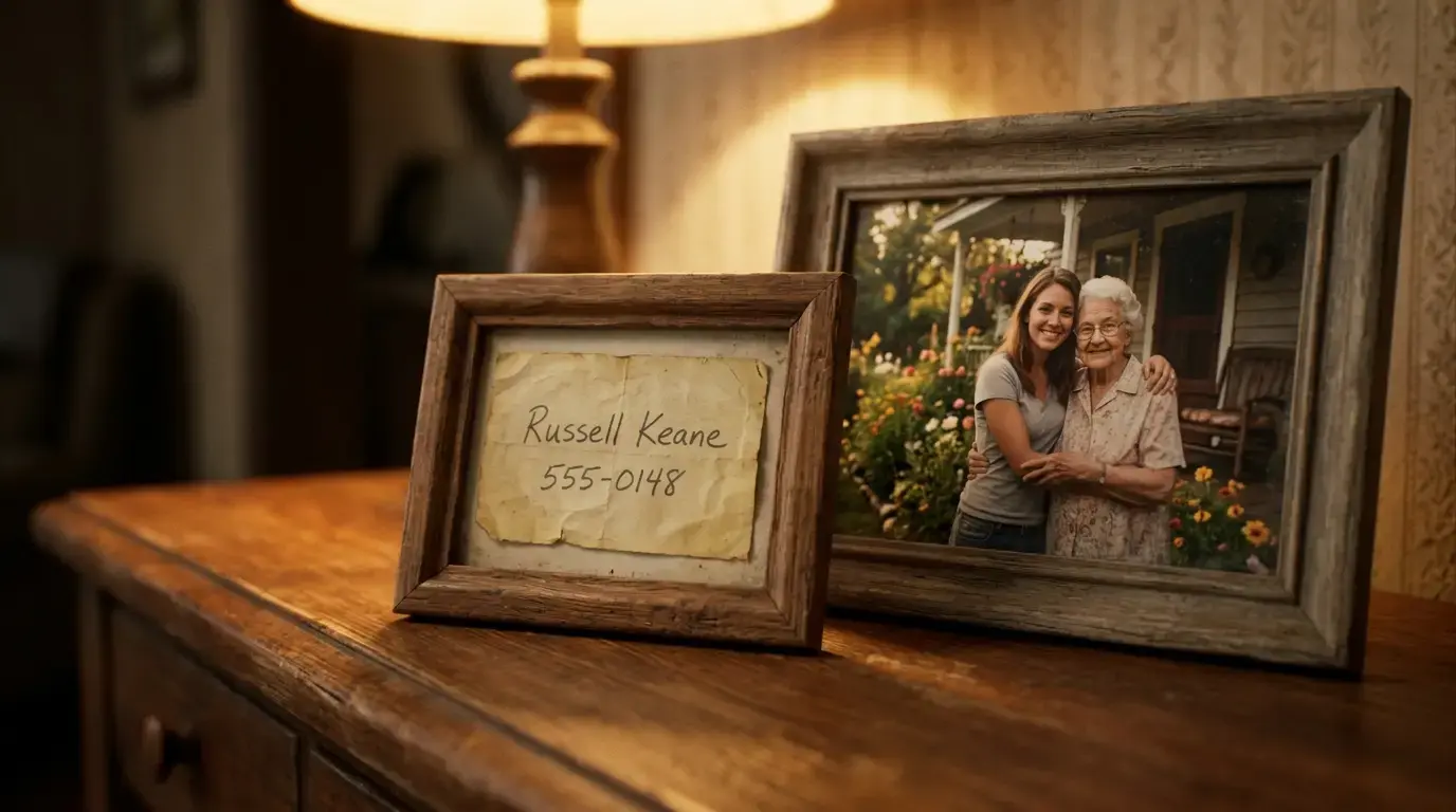 A small wooden frame holding a handwritten note with Russell Keane's phone number next to a family picture