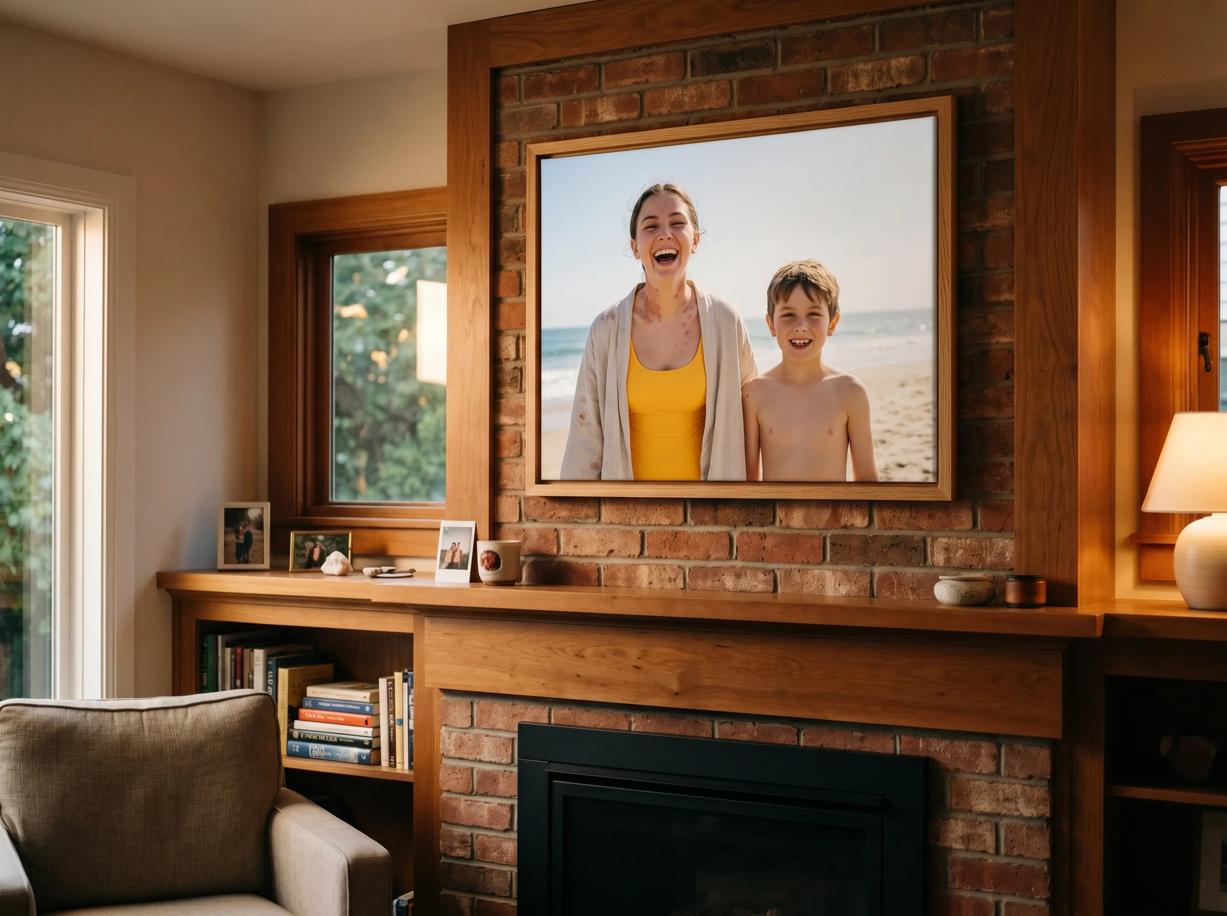 Glossy canvas photo of Nora in her yellow swimsuit framed above a fireplace