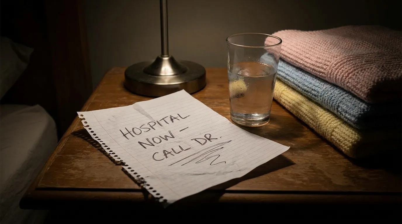 A handwritten note on a bedside table beside newborn blankets