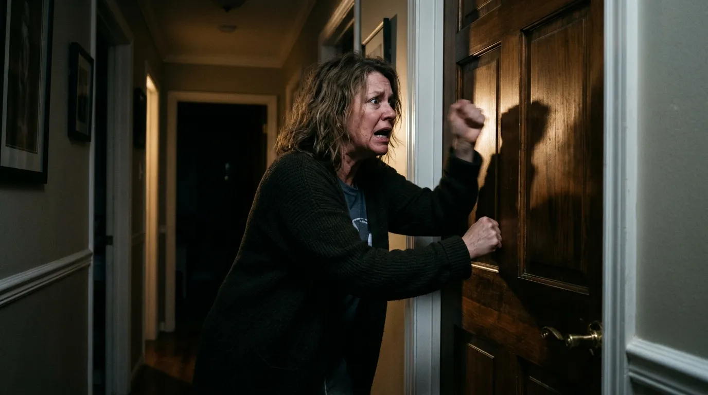 A panicked woman violently banging on a locked wooden door in the dark