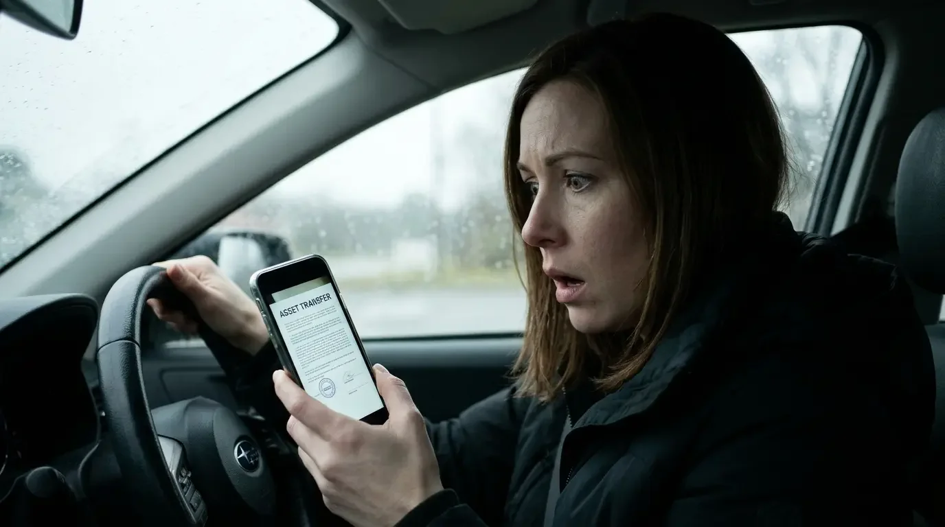A woman in a car looking in shock at a legal contract photograph on her smartphone