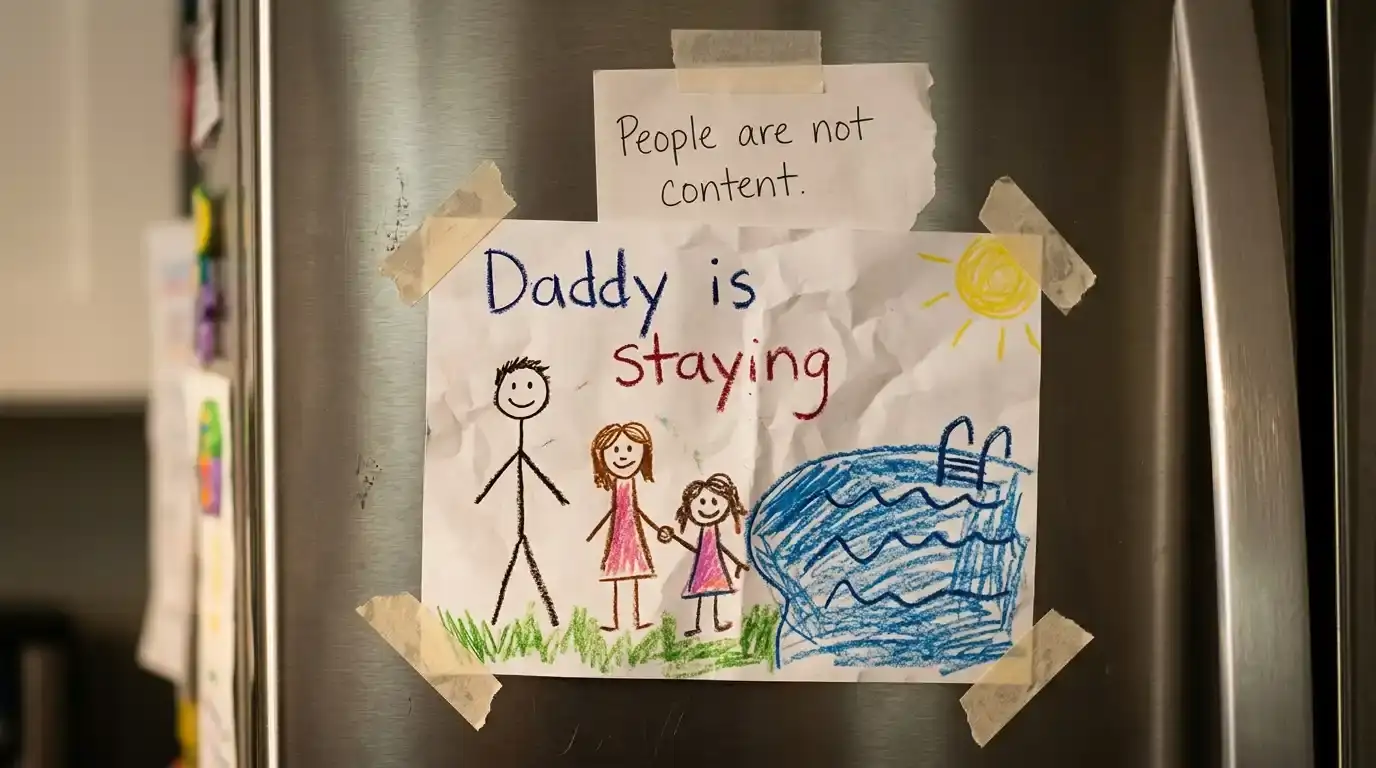A child's drawing on a fridge showing 'Daddy is staying'