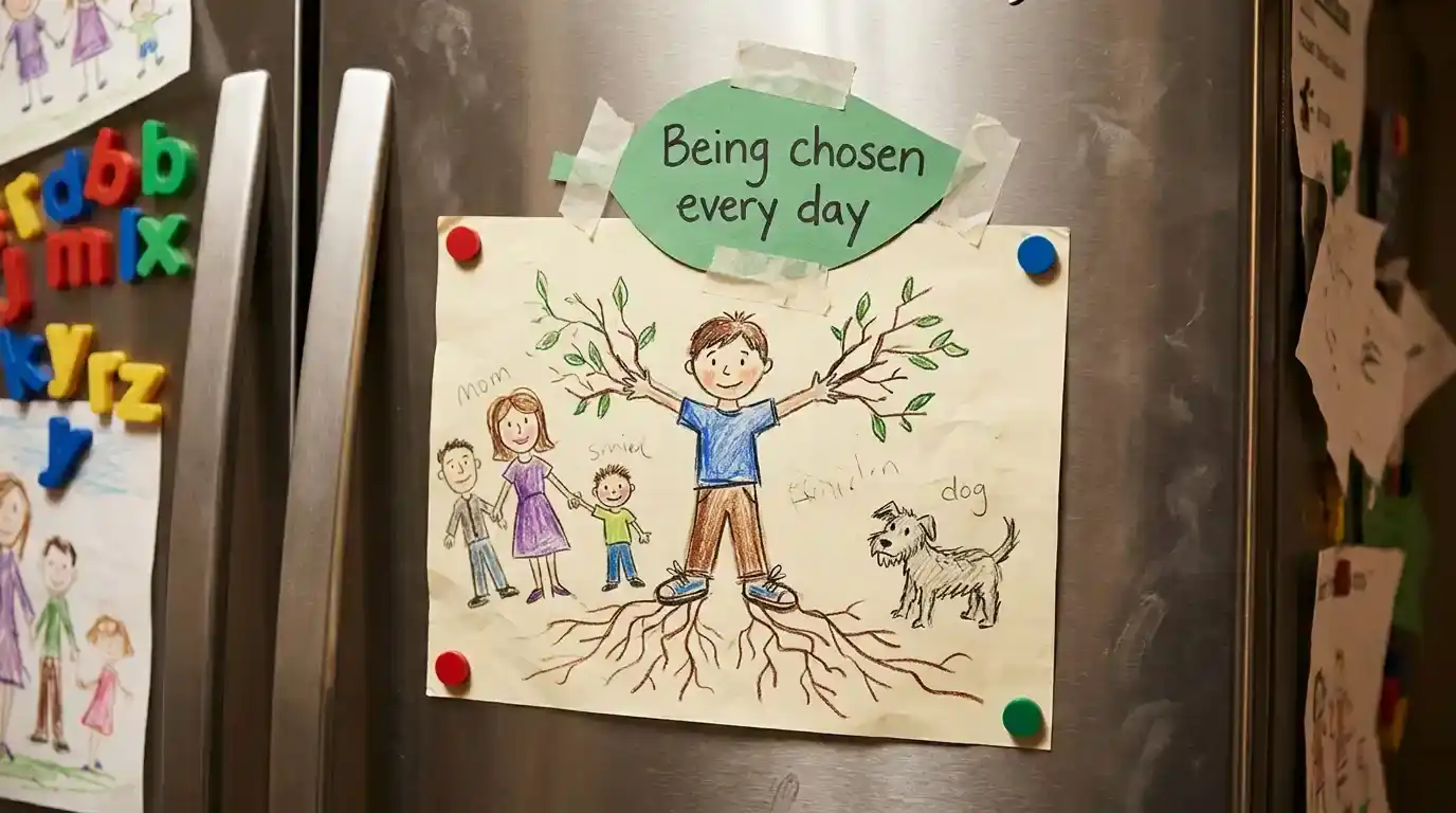 Child's vibrant drawing of a boy with tree roots growing from his sneakers, taped to a fridge