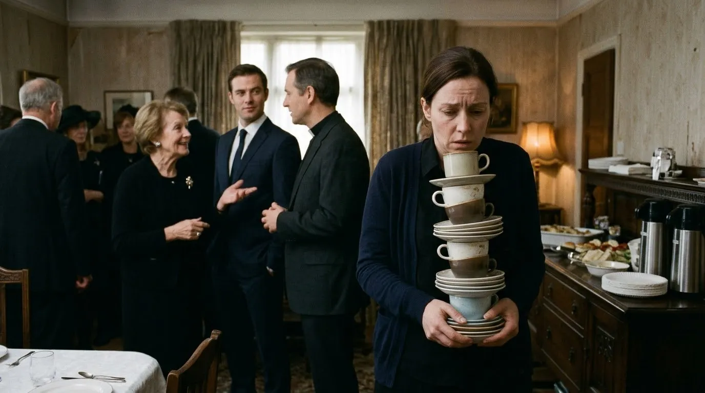 Tense family gathering after the funeral showing isolated woman and favoring mother