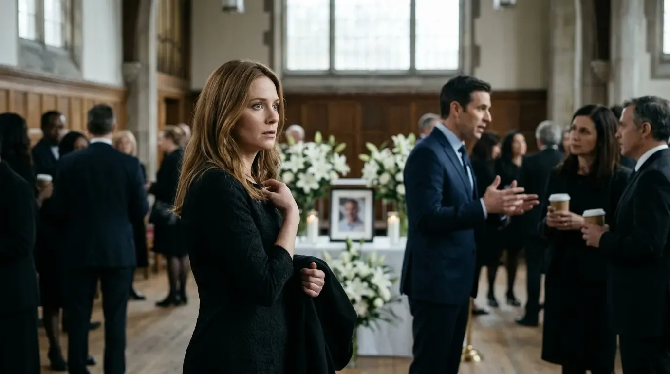 Claire staring in disbelief across the funeral reception as Ethan speaks to guests