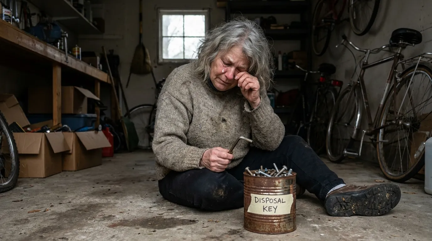 Older woman crying on a garage floor holding a small metal tool