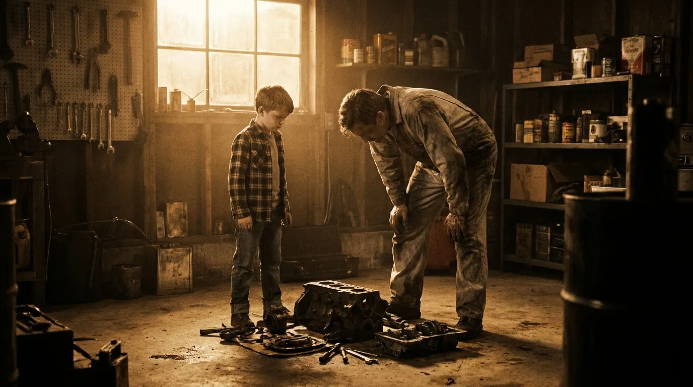 A fourteen year old boy and his father looking at a disassembled, broken truck engine spread out on a concrete garage floor.