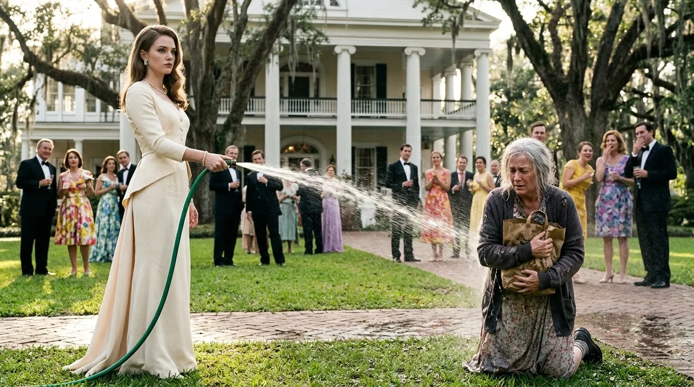 A young woman in a cream gown spraying an elderly woman with a garden hose while wealthy guests laugh