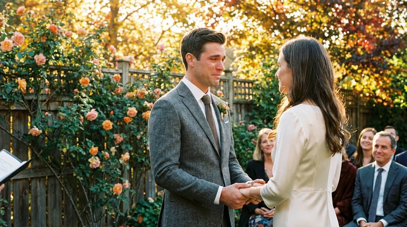 Taylor and Maya smiling at their outdoor garden wedding