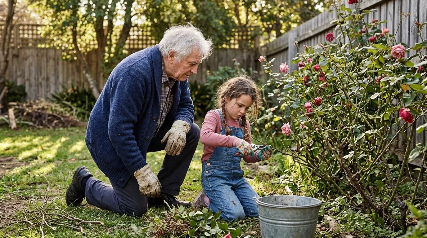An older man and a young girl smiling while pruning rose bushes in a sunny backyard