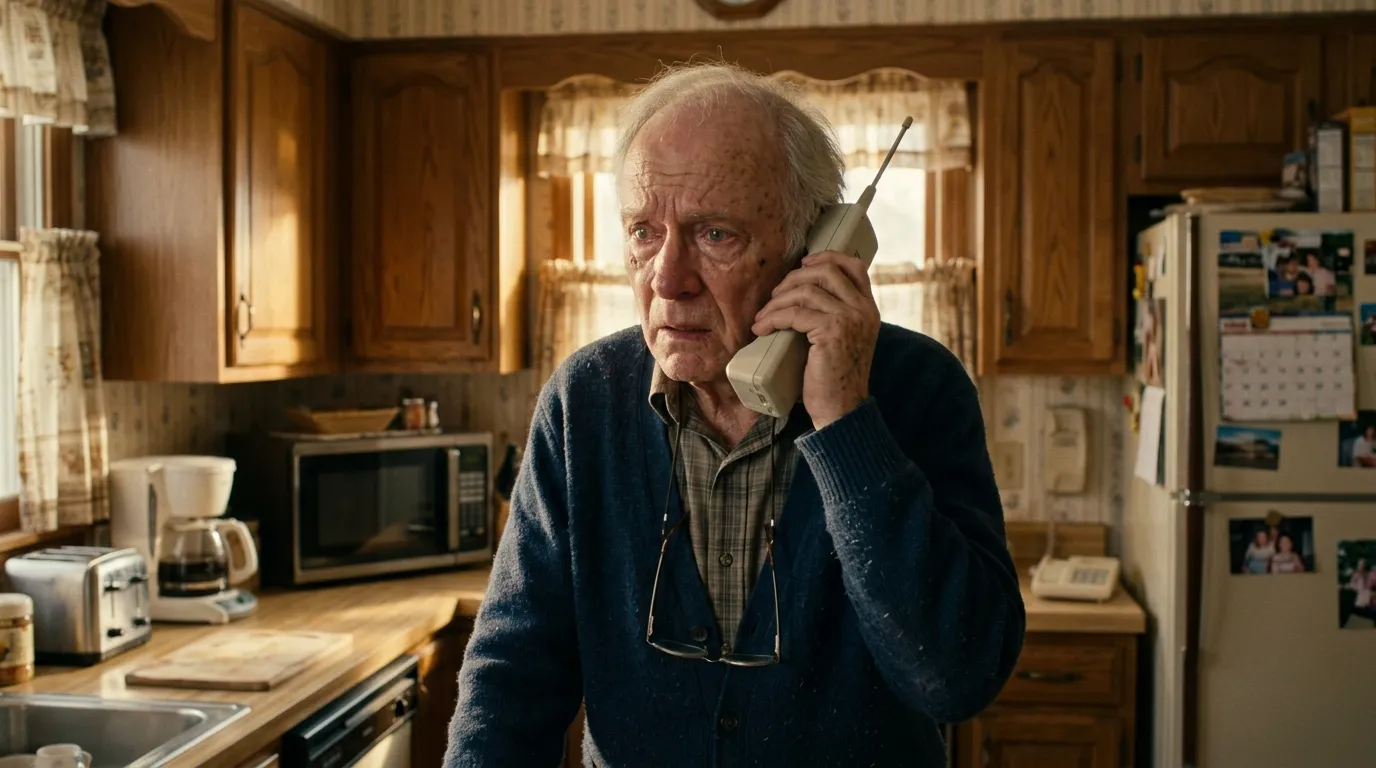An older man standing in a sunlit kitchen looking shocked while holding an old cordless phone