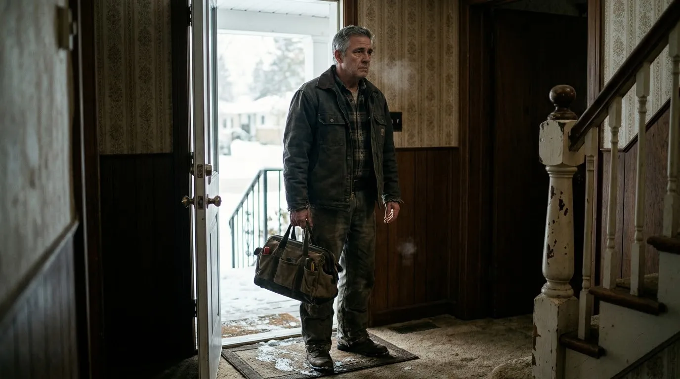 A 61-year-old plumber standing frozen in the doorway of an old home, looking at a chipped wooden staircase.