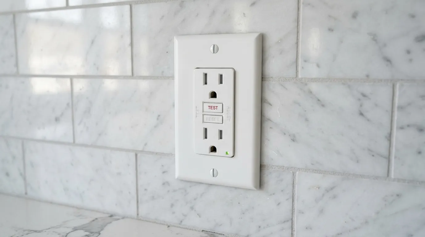Close-up of a GFCI electrical outlet in a modern kitchen with a tiled backsplash