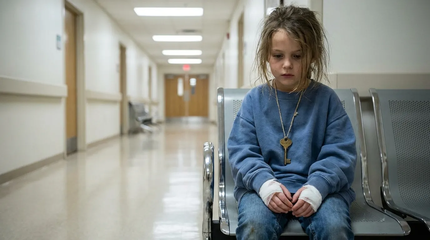 A six-year-old girl sitting in a hospital chair with bandaged hands