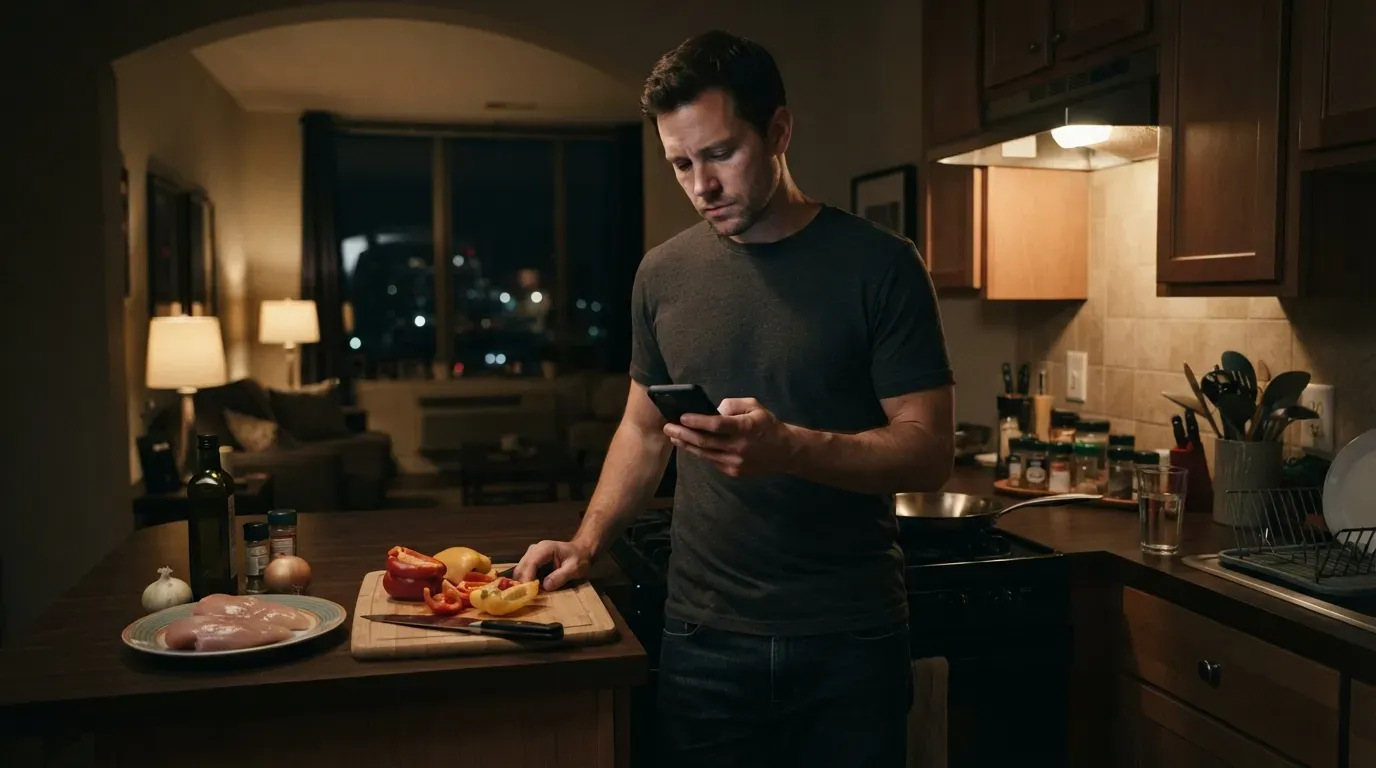 Shawn reads an upsetting message while dinner for two remains unfinished in his apartment