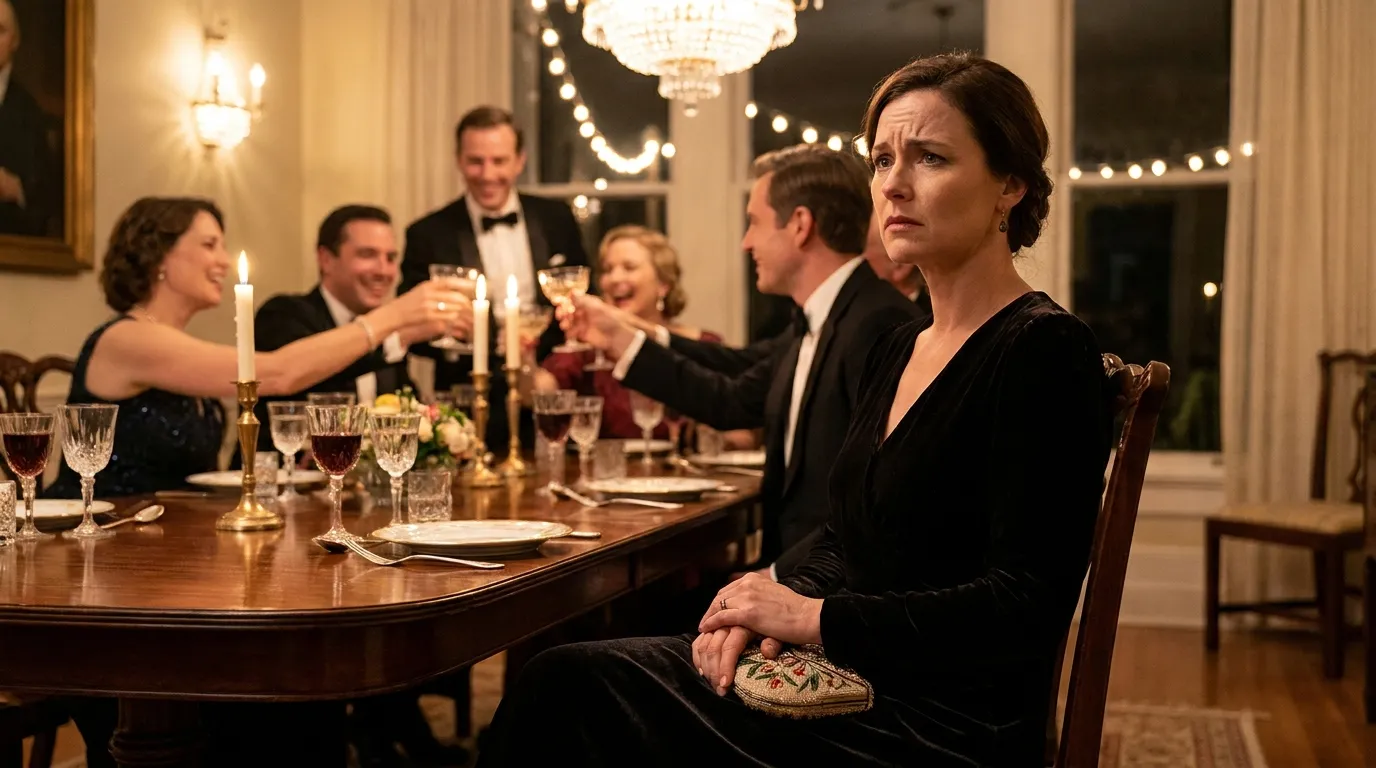 A woman looking anxious and distracted while sitting at a glamorous, softly lit dinner party